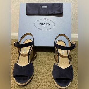 Prada Raffia 95mm Peep-Toe Wedge Navy Blue